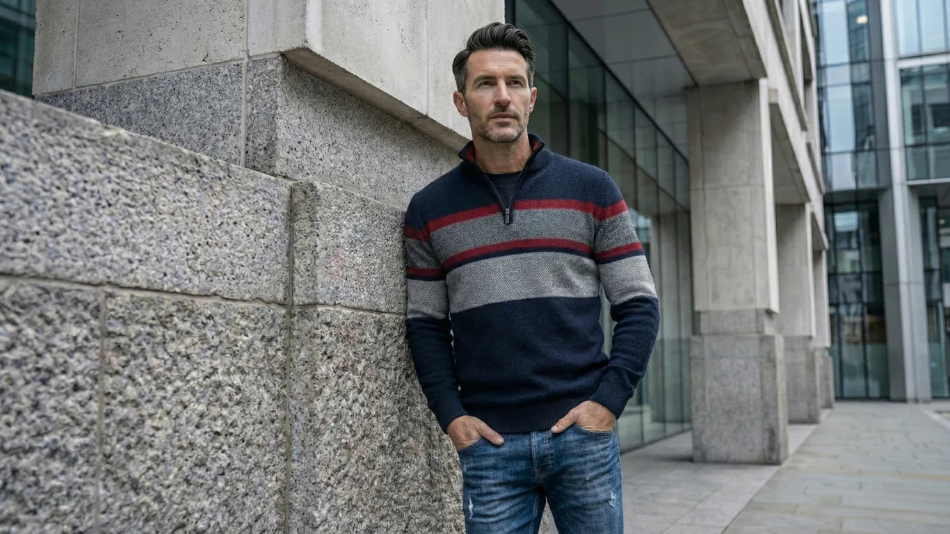Man wearing a striped sweater leaning against a stone wall in an urban setting