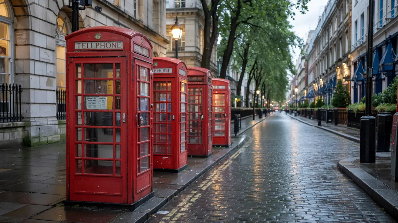 Red telephone booths on a wet street in London