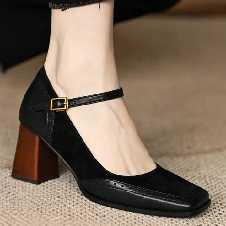 Katie | Women’s Two Tone Leather Suede Block Heel Shoes
