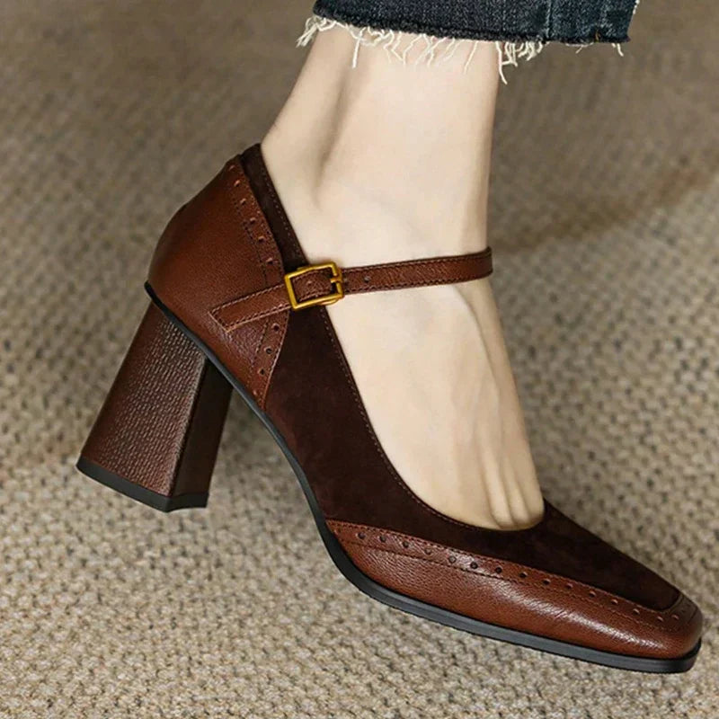 Katie | Women’s Two Tone Leather Suede Block Heel Shoes