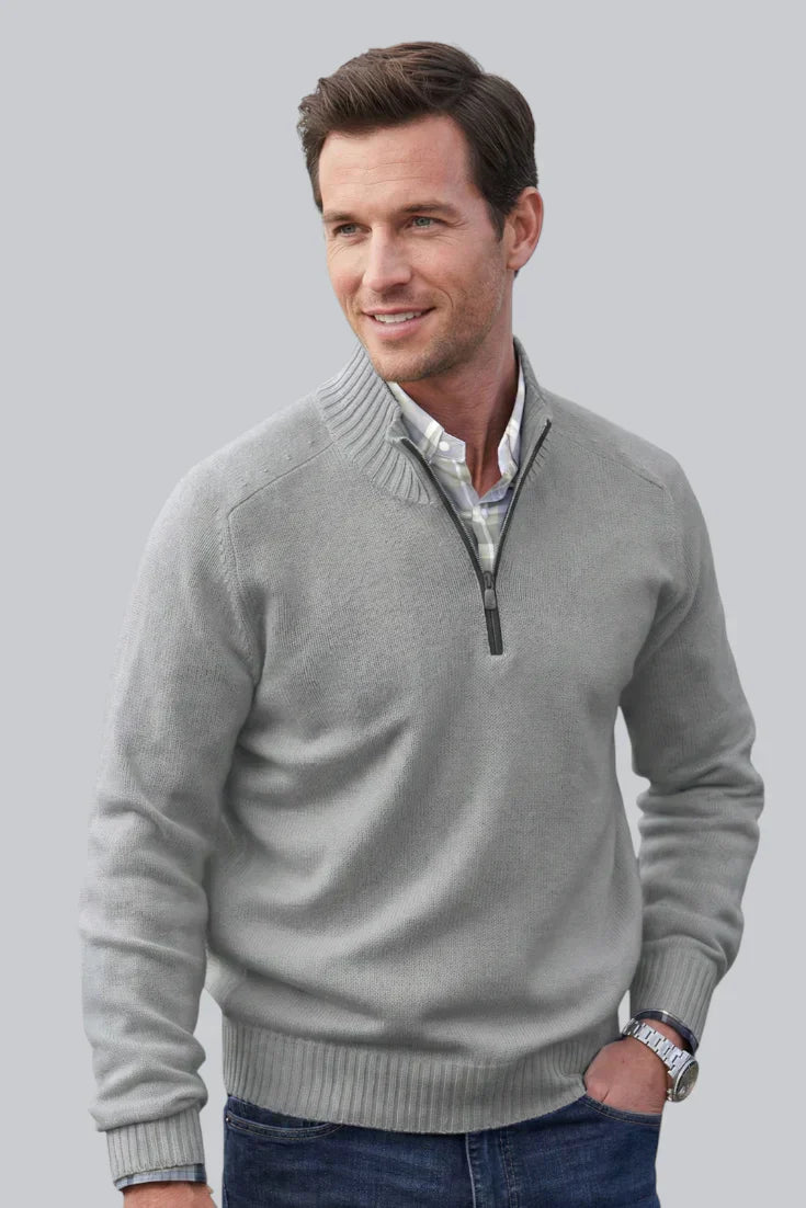 Men’s Knitted Quarter Zip Jumper with Ribbed Hem and Long Sleeves