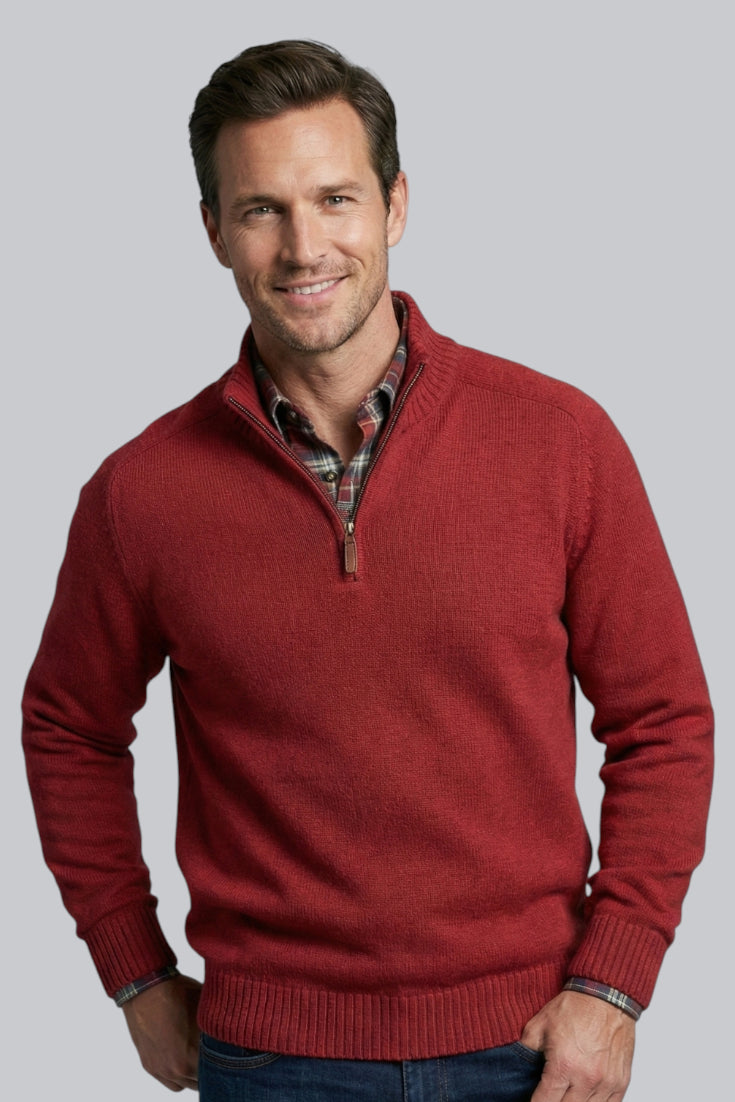 Men’s Knitted Quarter Zip Jumper with Ribbed Hem and Long Sleeves