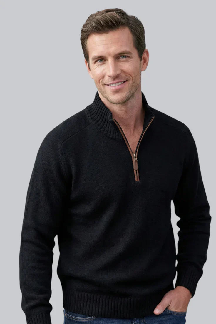 Men’s Knitted Quarter Zip Jumper with Ribbed Hem and Long Sleeves