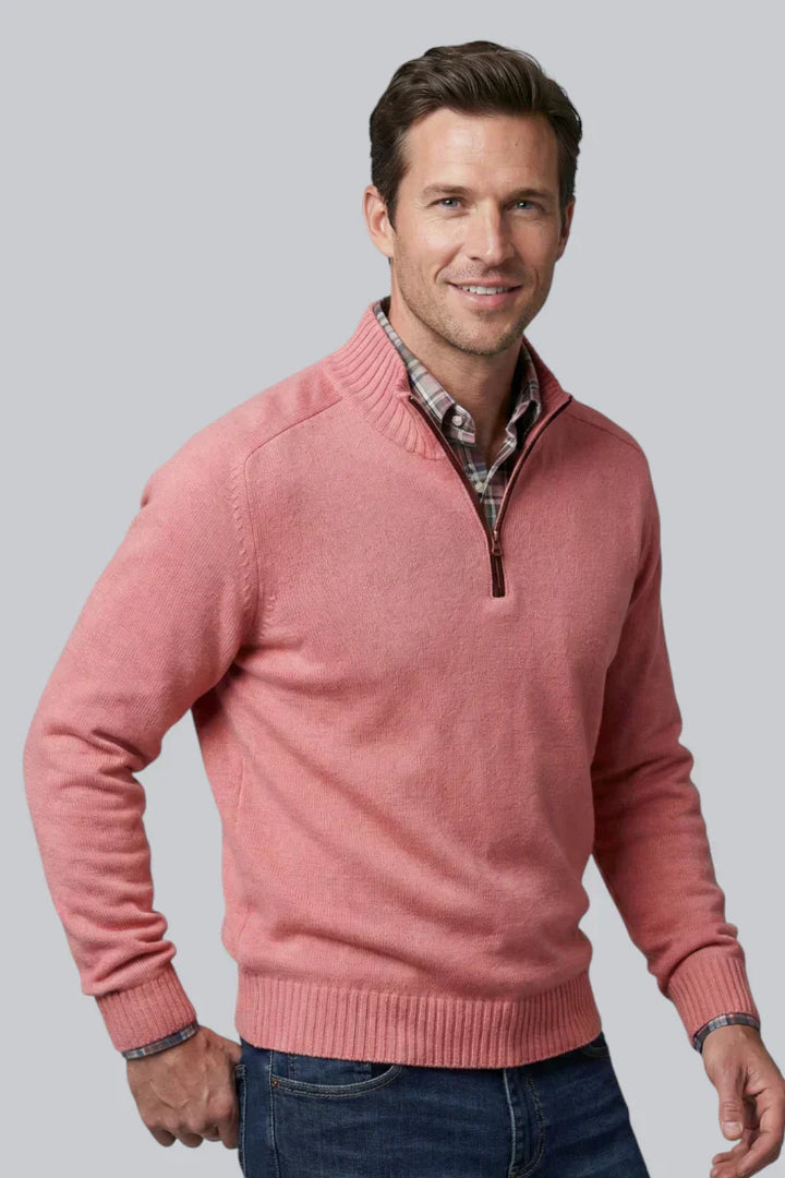 Men’s Knitted Quarter Zip Jumper with Ribbed Hem and Long Sleeves
