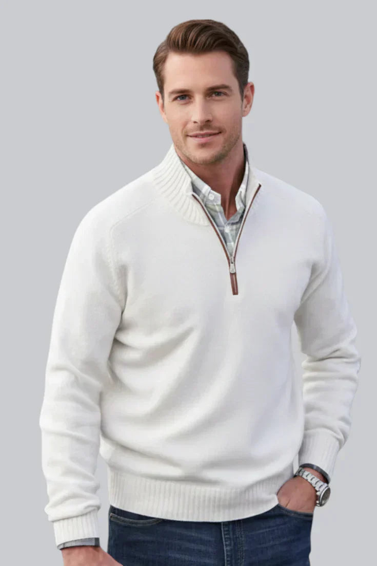 Men’s Knitted Quarter Zip Jumper with Ribbed Hem and Long Sleeves