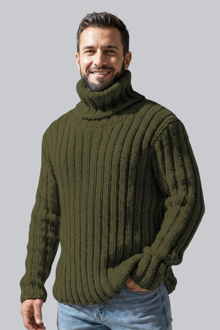 Men’s Chunky Roll Neck Jumper with Ribbed Cuffs and Long Sleeves