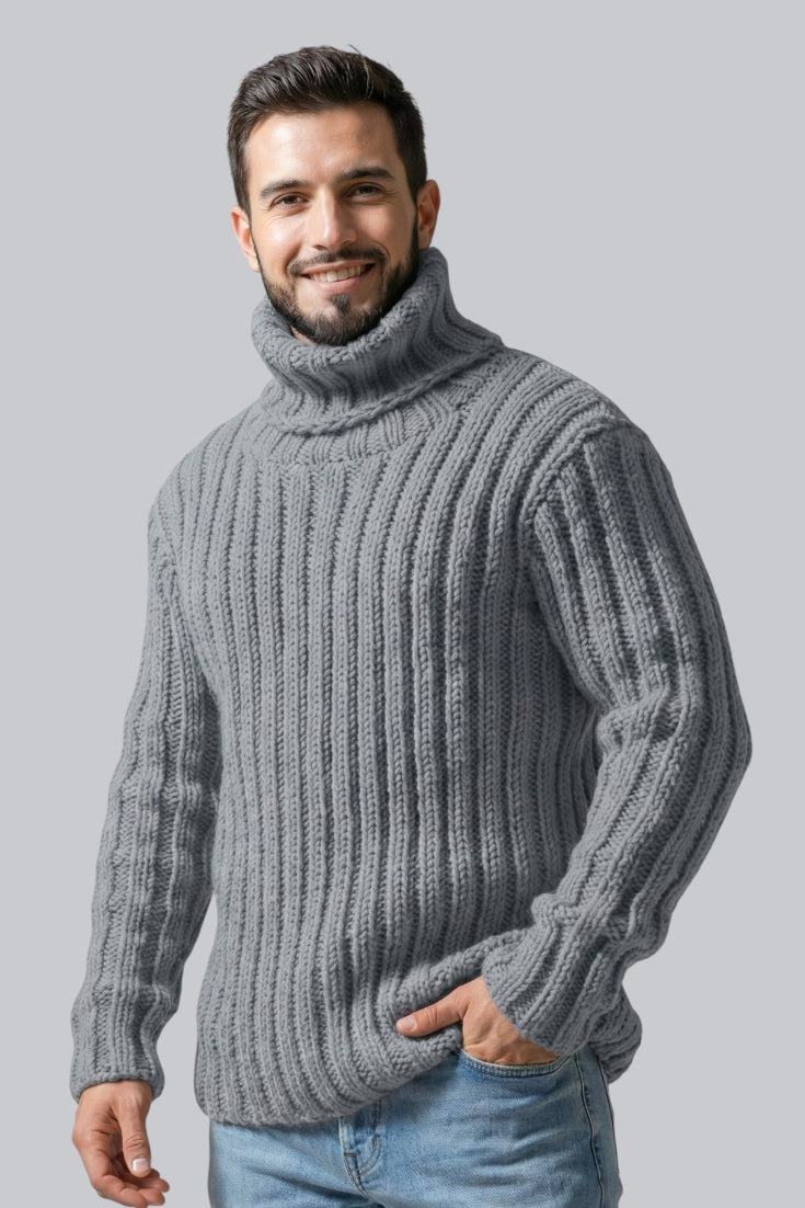 Men’s Chunky Roll Neck Jumper with Ribbed Cuffs and Long Sleeves