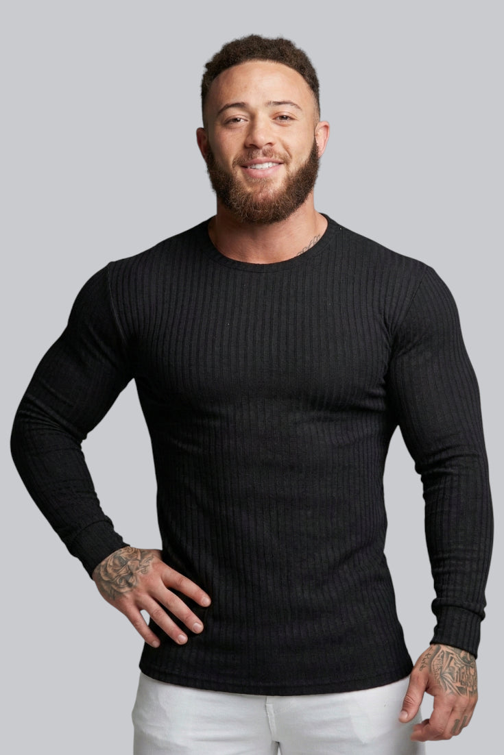 Men's Ribbed Crew Neck Jumper with Long Sleeves and Soft Touch