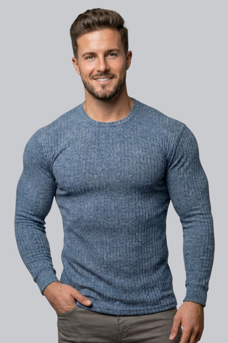 Men's Ribbed Crew Neck Jumper with Long Sleeves and Soft Touch