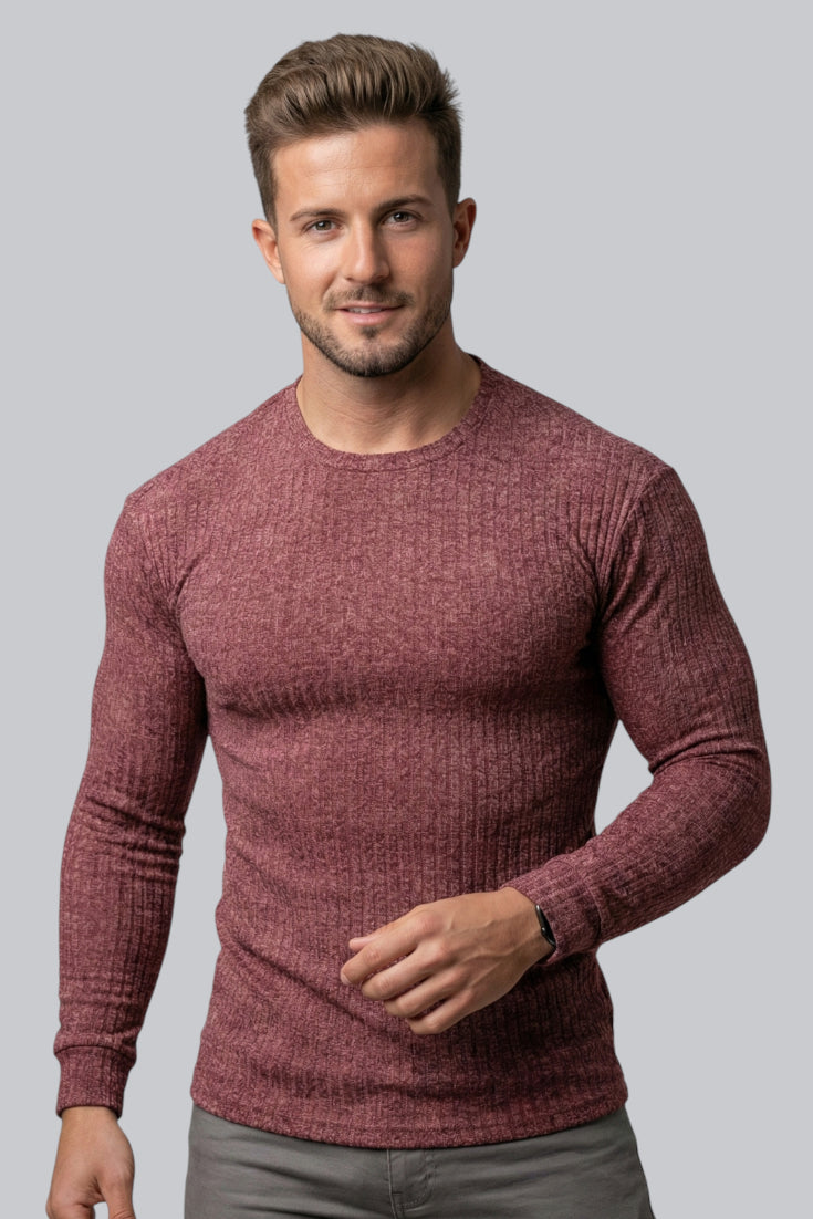 Men's Ribbed Crew Neck Jumper with Long Sleeves and Soft Touch
