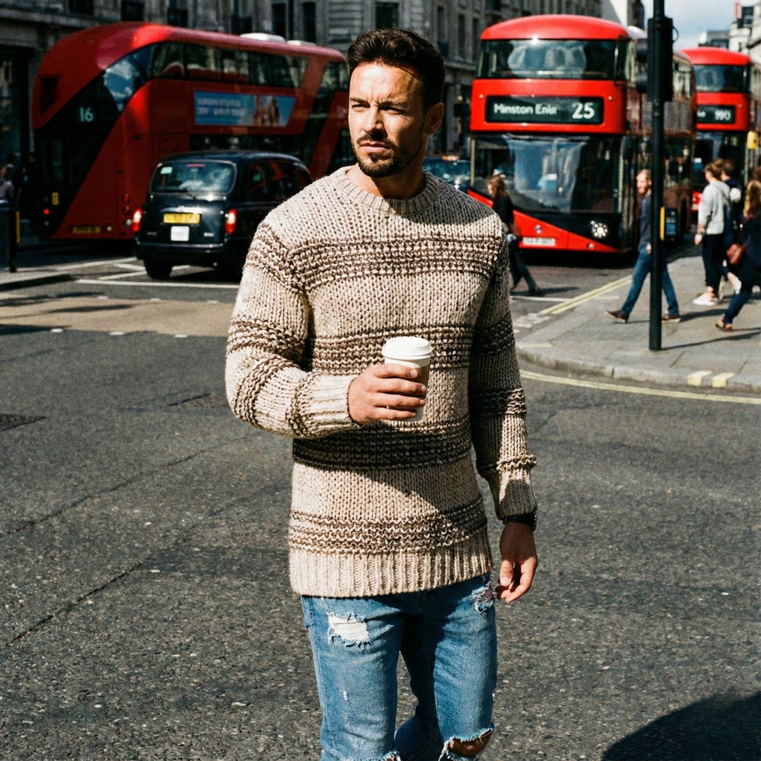 Man in a patterned sweater walking on a city street with red double-decker buses in the background.