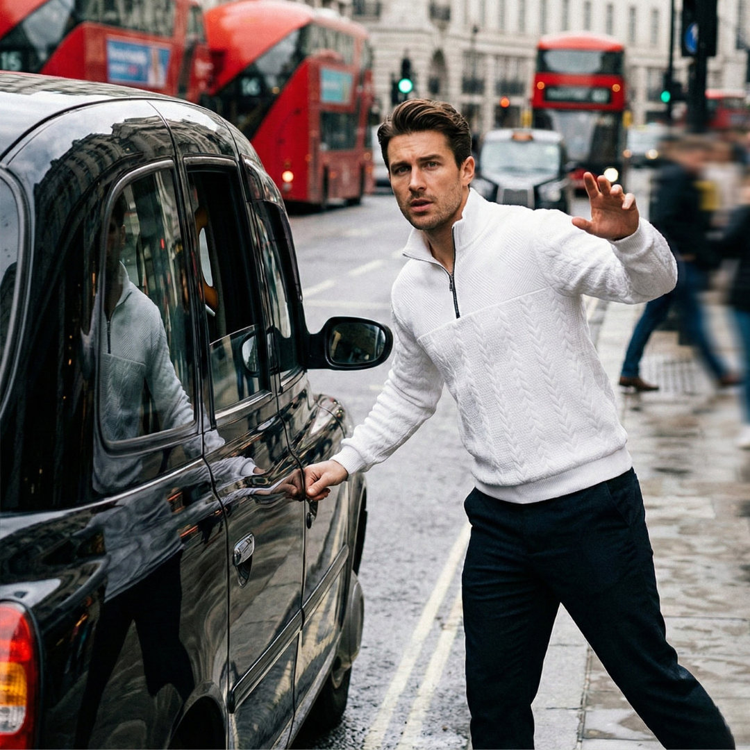 Man getting into a black taxi on a busy city street with red double-decker buses in the background.