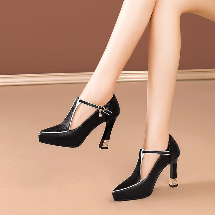 Valerisse | Women’s Crystal Heel T-Strap Pumps