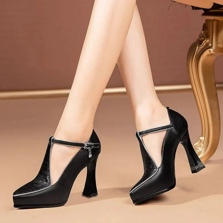 Valerisse | Women’s Crystal Heel T-Strap Pumps