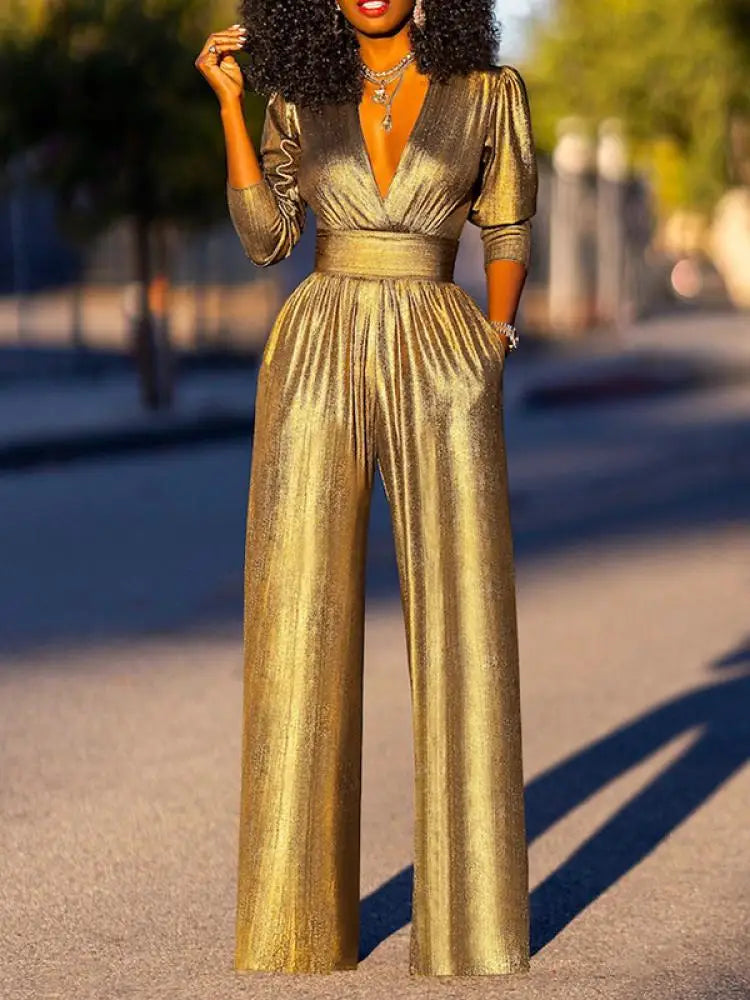 Stella | Women’s Shiny V-Neck Wide Leg Jumpsuit