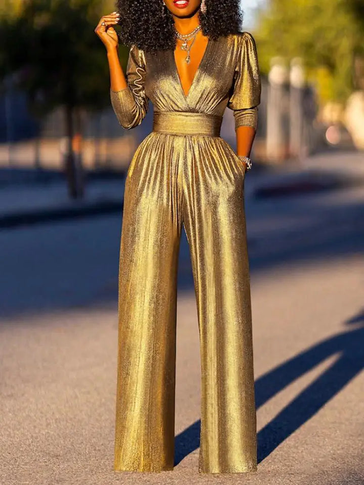 Stella | Women’s Shiny V-Neck Wide Leg Jumpsuit