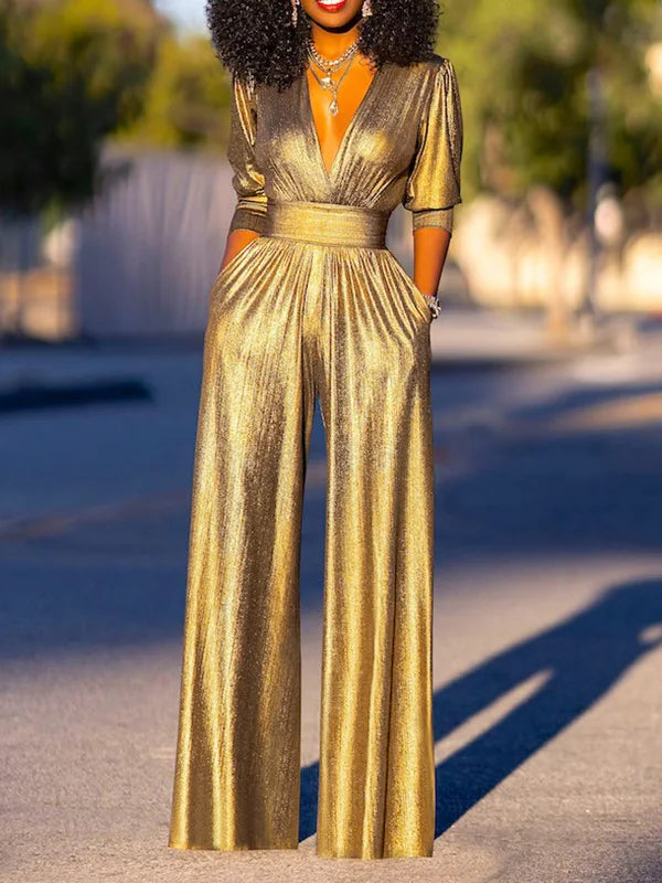 Stella | Women’s Shiny V-Neck Wide Leg Jumpsuit