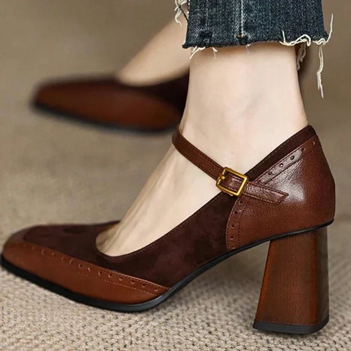 Katie | Women’s Two Tone Leather Suede Block Heel Shoes