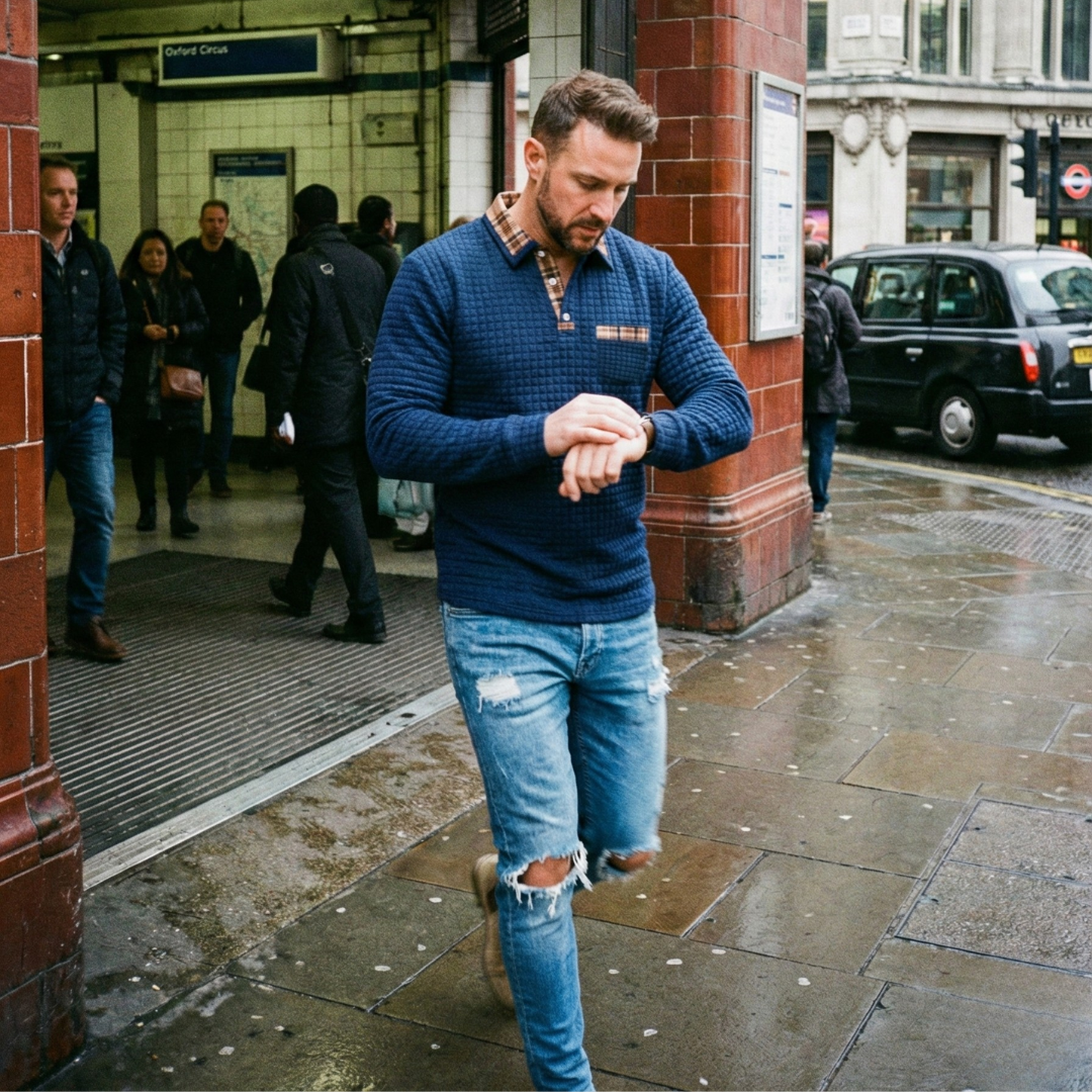 Man in a blue sweater and ripped jeans checking his watch on a city street.
